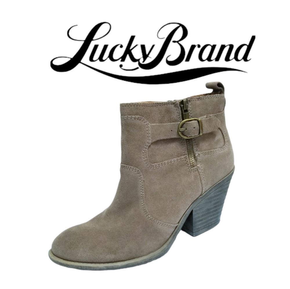 Lucky Brand Teveralda Leather Side Zip & Buckle Detail Ankle Boots in Taupe 10M